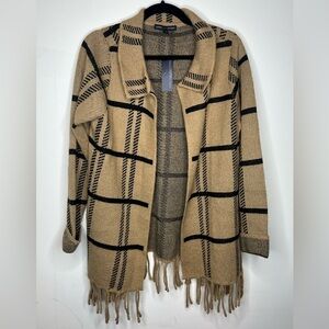 NWT Sweater Cardigan Medium Caramel Brown Adrienne Vittadini Plaid Knit Fringe